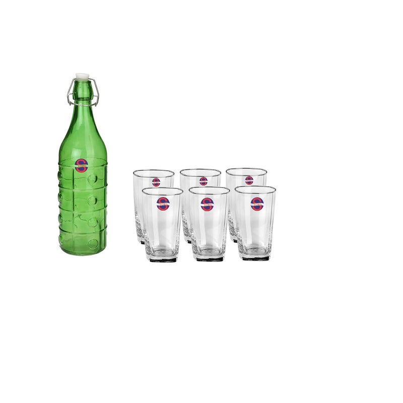 Somil Glass and Bottle Water Other Hot Cold Beverage Serving Set for Home Bar Restaurant 6 Glasses 1 Lt Bottle Green Transparent - Image 1