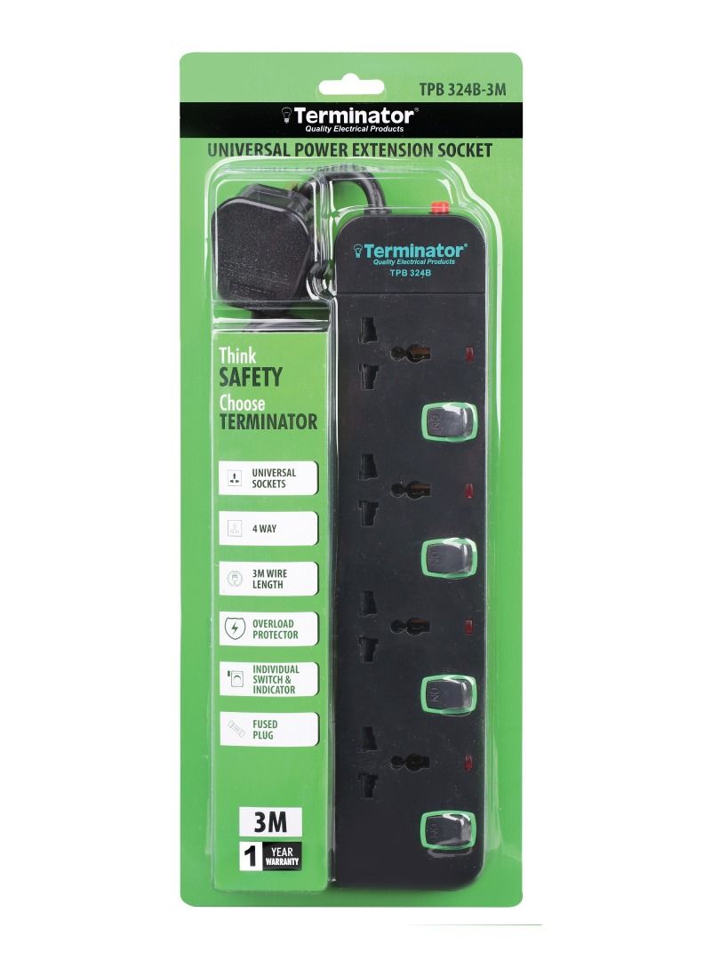 Terminator Terminator 5 way black 3 meter universal power extension socket - TPB 325B-3M  - Image 1