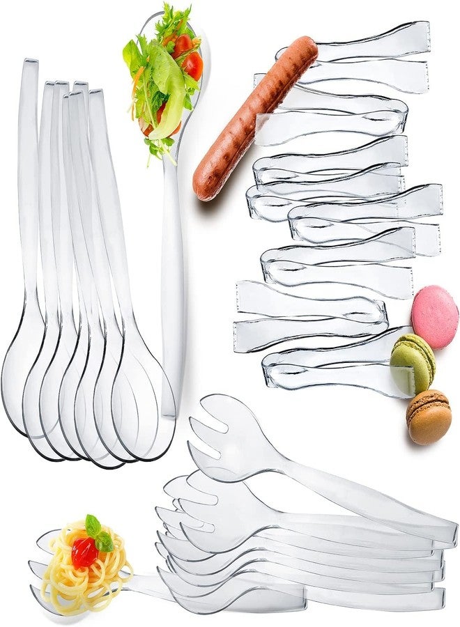 StarMar HD Disposable Serving Utensils Set (12), 10' Spoons, 6.5' Tongs, Clear - Image 1