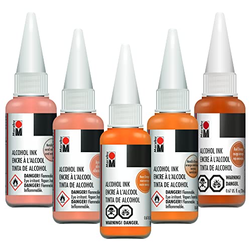 Marabu Orange Alcohol Ink Set - 5 Colors Set, Apricot, Metallic Orange, Neon Orange, Red Orange, Metallic Coral - Alcohol Ink for Epoxy Resin, Tumbler Making, Alcohol Ink Paper - Large 0.68 Ounce Inks - Image 1