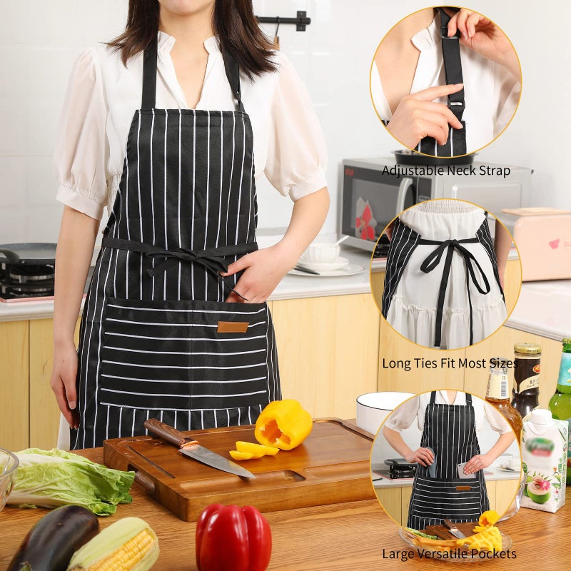 Tosewever 2 Pieces Kitchen Cooking Aprons  Cotton Polyester Blend Adjustable Bib Aprons With 2 Pockets For Women Men Chef Chef (Black/Brown Stripes  2) - Image 4
