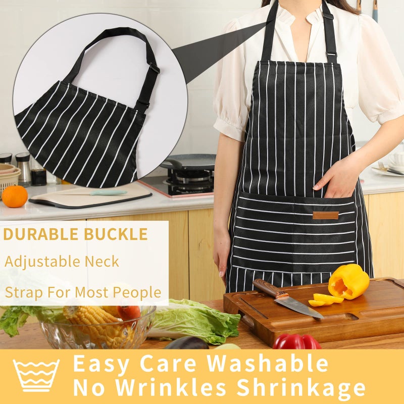 Tosewever 2 Pieces Kitchen Cooking Aprons  Cotton Polyester Blend Adjustable Bib Aprons With 2 Pockets For Women Men Chef Chef (Black/Brown Stripes  2) - Image 3