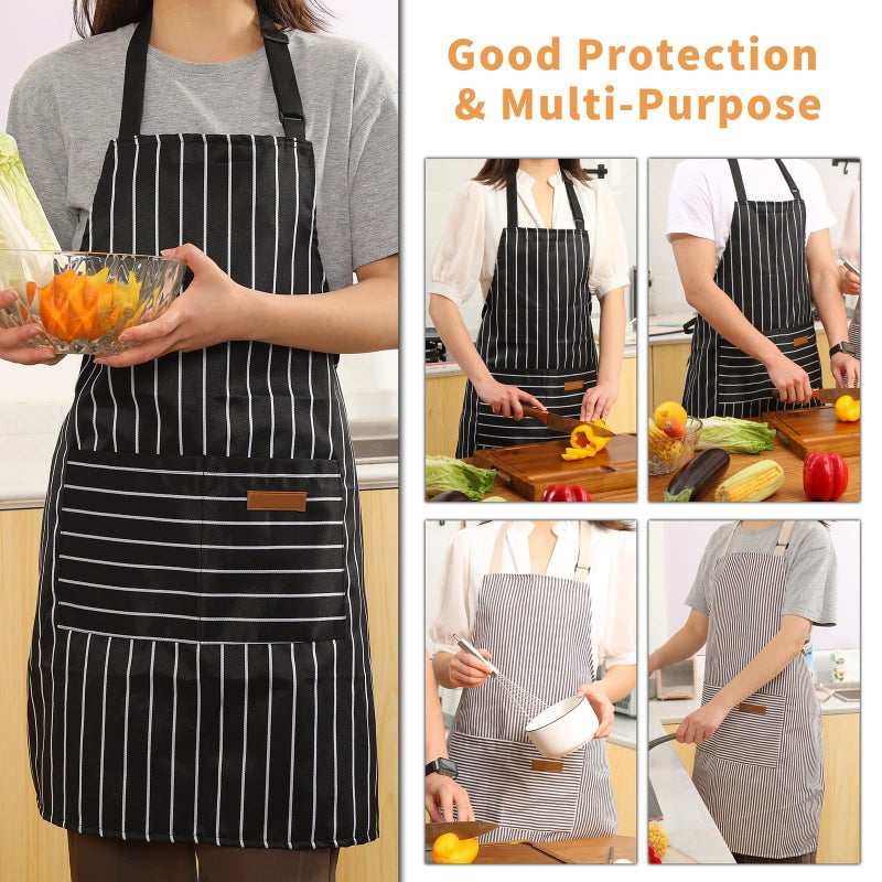 Tosewever 2 Pieces Kitchen Cooking Aprons  Cotton Polyester Blend Adjustable Bib Aprons With 2 Pockets For Women Men Chef Chef (Black/Brown Stripes  2) - Image 5