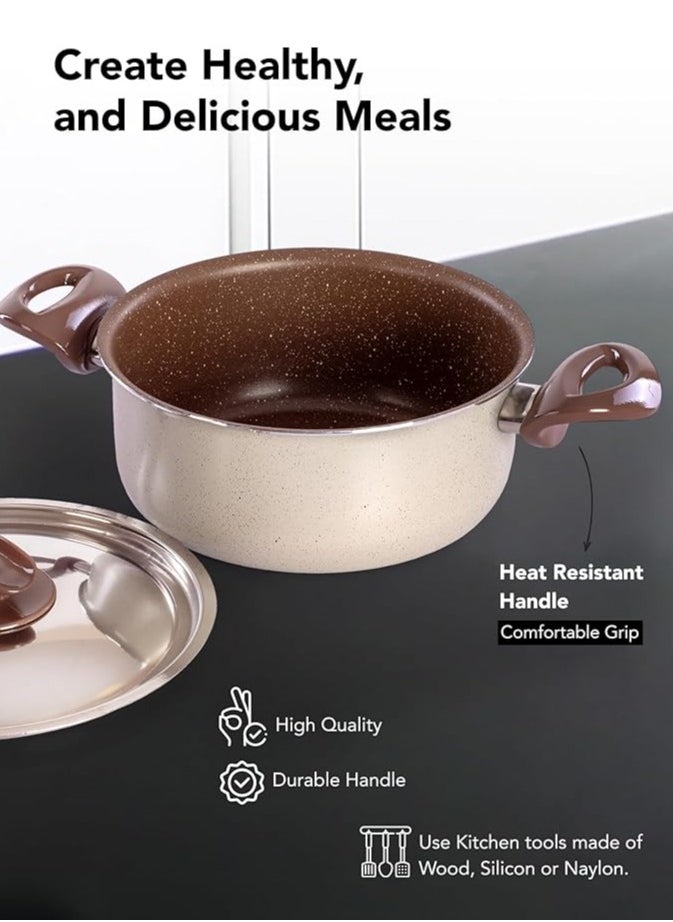 Grandi 9 Piece Non-Stick Cookware Set Aluminum Pots And Pans Non-Stick Surface Bakelite Handle Stainless Steel Lids PFOA Free Brown and beige 24+20+24+18 cm  - Image 3