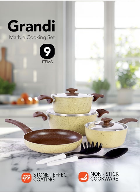9 Piece Non-Stick Cookware Set Aluminum Pots And Pans Non-Stick Surface Bakelite Handle Stainless Steel Lids PFOA Free Brown and beige 24+20+24+18 cm