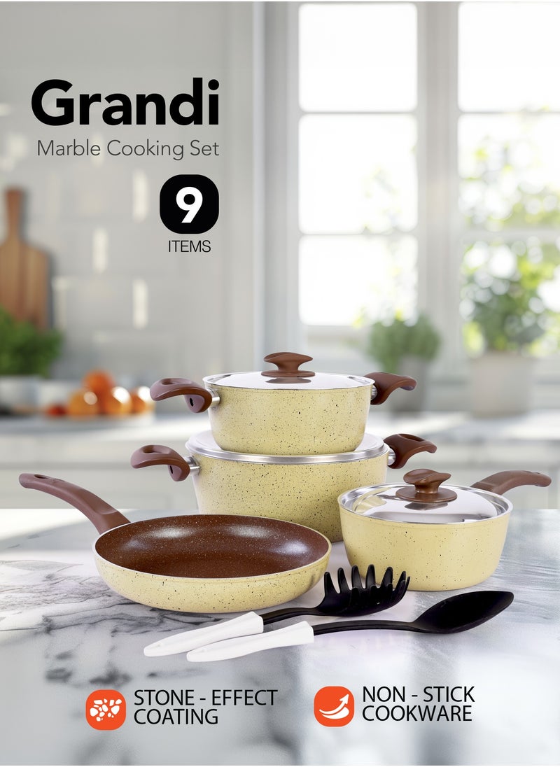 Grandi 9 Piece Non-Stick Cookware Set Aluminum Pots And Pans Non-Stick Surface Bakelite Handle Stainless Steel Lids PFOA Free Brown and beige 24+20+24+18 cm  - Image 1