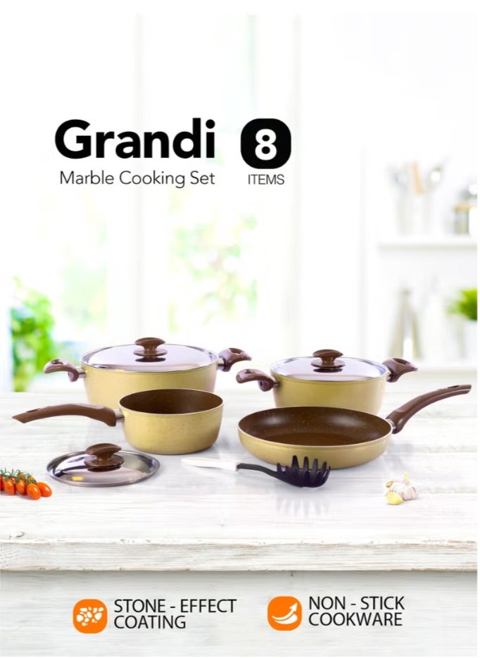 Grandi 8-Piece Non-Stick Cookware Set Aluminum Pots And Pans Non-Stick Surface Bakelite Handle Stainless Steel Lids PFOA Free Brown and beige granite  22-26+26+18 cm 