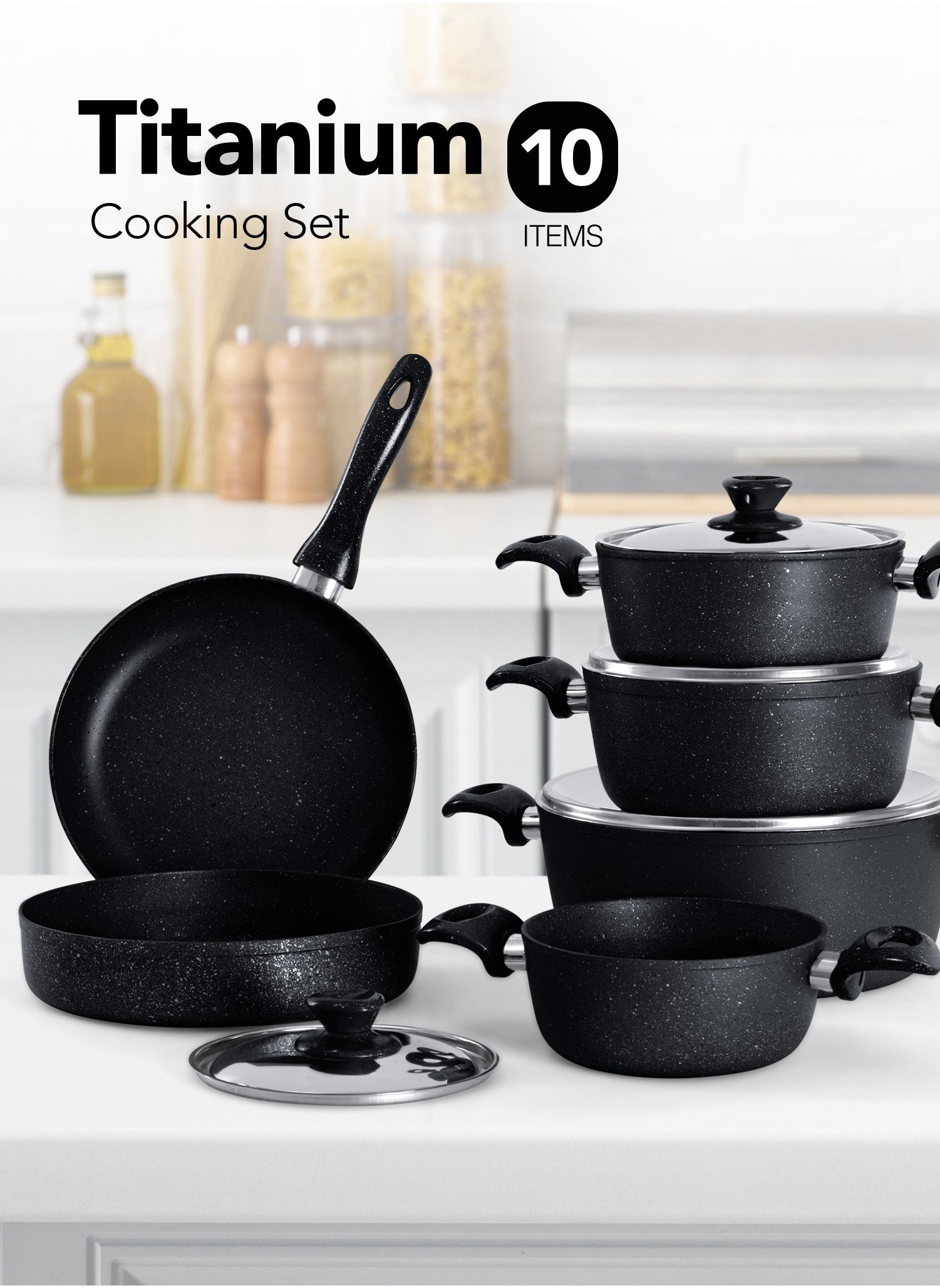 Grandi Granite Coated Pots And Pans Cookware Set With Non-Stick Surfaces, Bakelite Handles,  Stainless Steel Lids, PFOA Free, Titanium 10-Piece Set - Black 