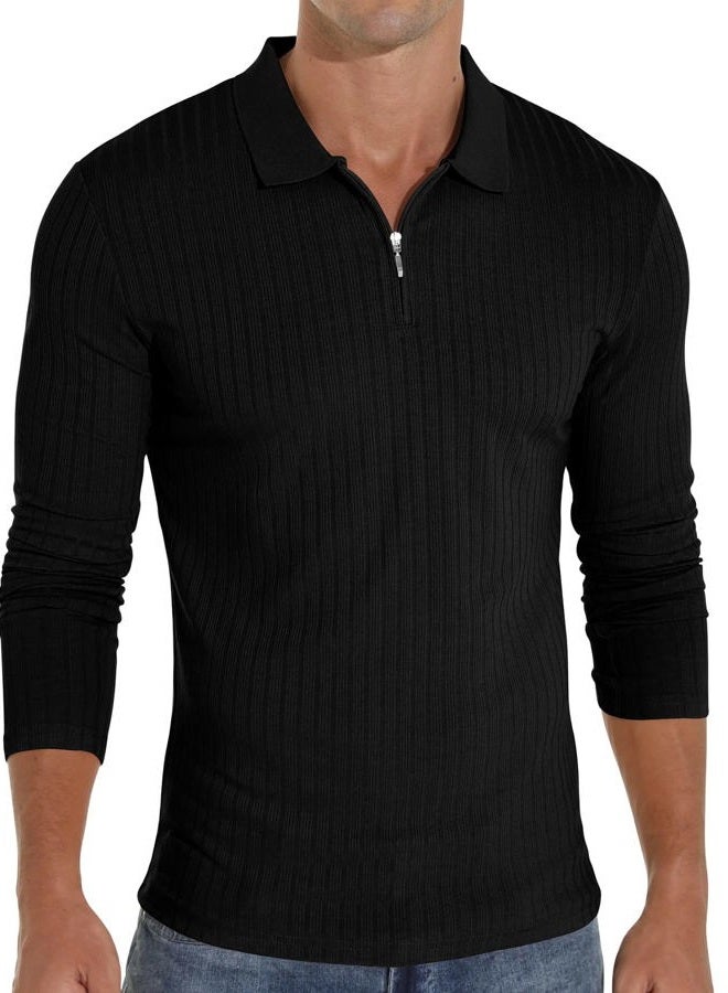 Askdeer Men's Polo Shirts Slim Fit Short/Long Sleeve Zipper Polo T Shirt Casual Golf Shirt Classic Tee, D01 Black, L - Image 5