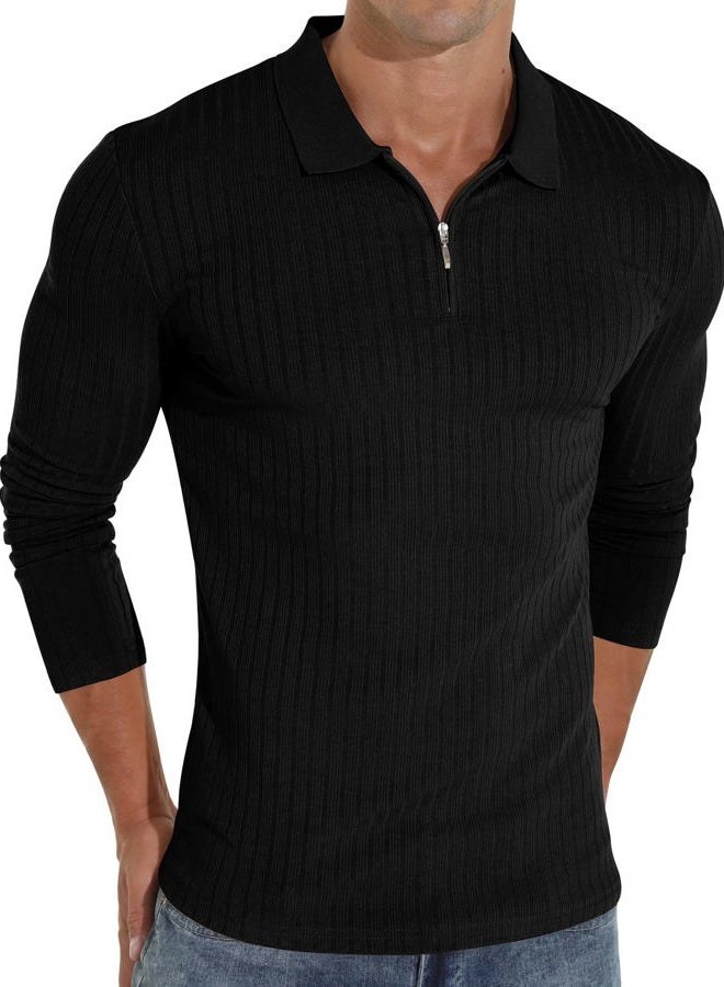 Askdeer Men's Polo Shirts Slim Fit Short/Long Sleeve Zipper Polo T Shirt Casual Golf Shirt Classic Tee, D01 Black, L - Image 1