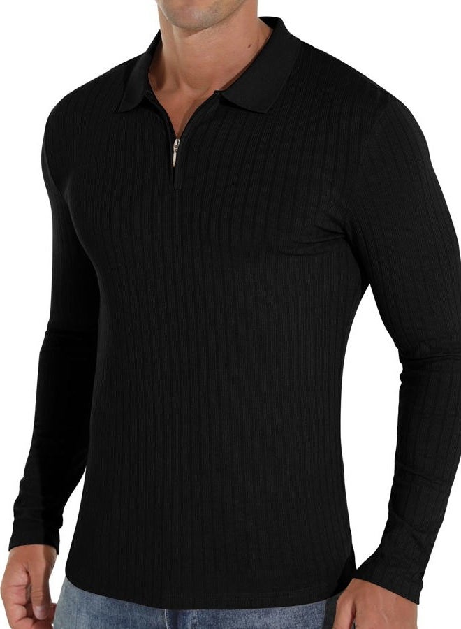 Askdeer Men's Polo Shirts Slim Fit Short/Long Sleeve Zipper Polo T Shirt Casual Golf Shirt Classic Tee, D01 Black, L - Image 3