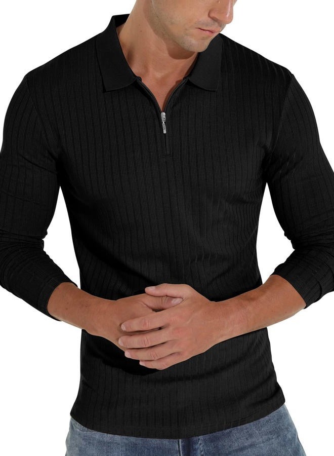 Askdeer Men's Polo Shirts Slim Fit Short/Long Sleeve Zipper Polo T Shirt Casual Golf Shirt Classic Tee, D01 Black, L - Image 4