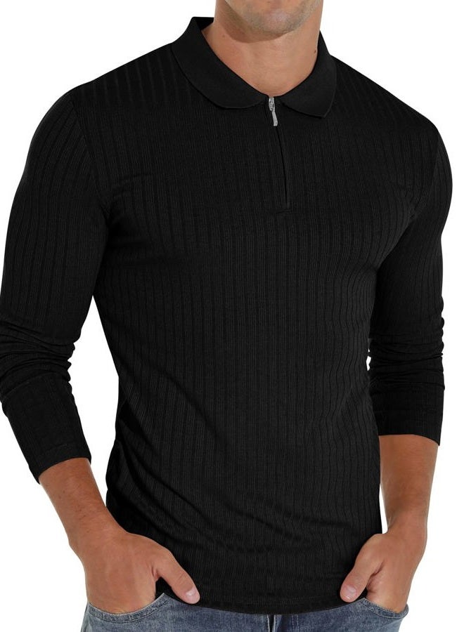 Askdeer Men's Polo Shirts Slim Fit Short/Long Sleeve Zipper Polo T Shirt Casual Golf Shirt Classic Tee, D01 Black, L - Image 2