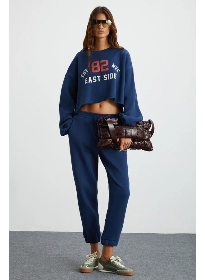 Gloryy Women's Comfort Fit Printed Detailed Elastic-Cuffed Organic Cotton Navy Tracksuit Set.