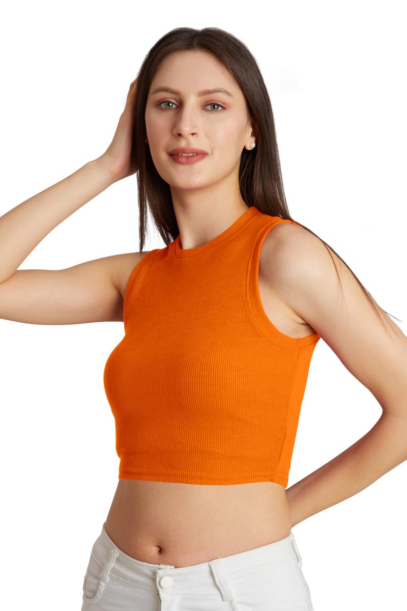 Berry&Bird BERRY BIRD® Stylish Sleeveless Round Neck Ribbed Tank Tops for Women & Girls Slim Fit Collarless Beach, Gym Wear and Western Trendy Fashion Orange - Image 1