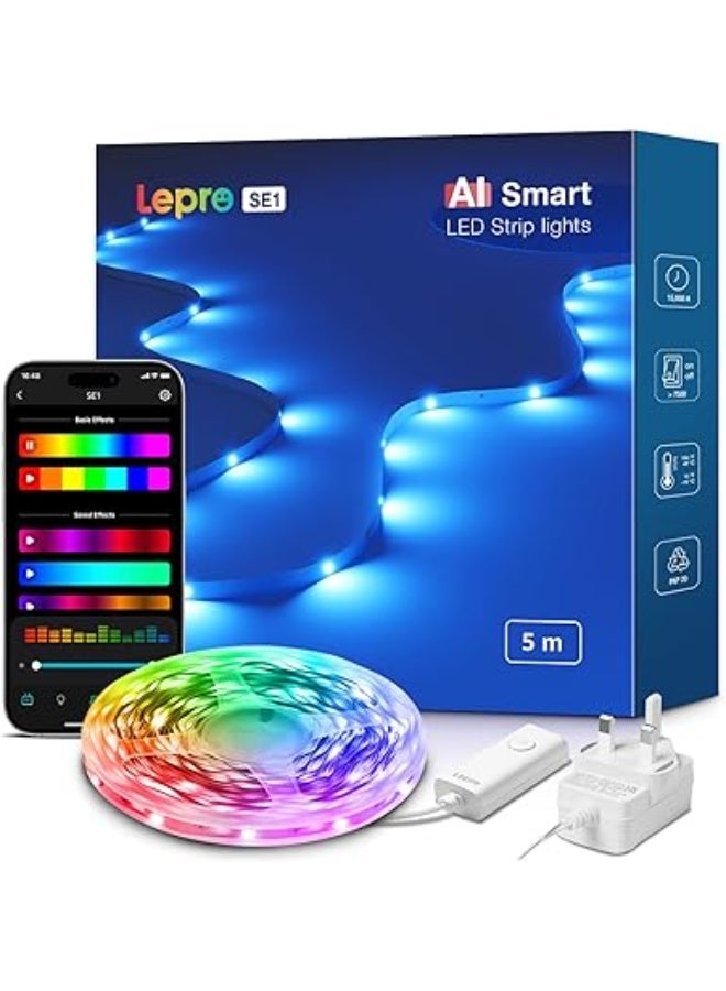 Lepro SE1 AI Smart RGB LED Strip Lights 5M, Voice & App Control, Works with Alexa & Google Home, Music Sync, AI Lighting Design Assistant, Colour Changing LED Lights for Bedroom, 2.4G WiFi, No Remote - Image 1