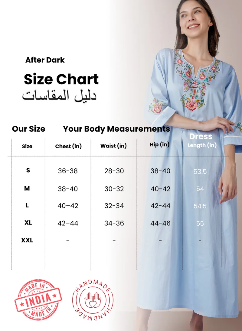 After Dark Suhoor Special, Luxe Cotton Satin Stylish Hand embroidered Blue Kaftan dress, Moira