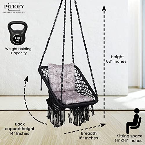 Patiofy Swing/Swing For Balcony/Swing For Adults/Jhula For Adults/Swing Chair For Living Room Square Swing Silver L Cushion & Free Hanging Kit Included-Black - Polyester,0.36 X 41 X 160 Cm - Image 5