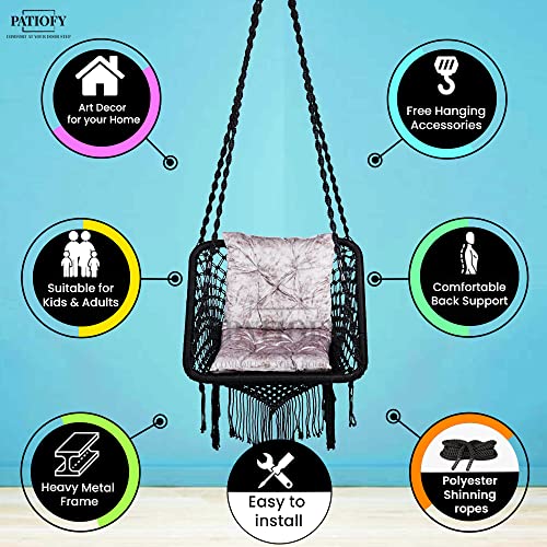 Patiofy Swing/Swing For Balcony/Swing For Adults/Jhula For Adults/Swing Chair For Living Room Square Swing Silver L Cushion & Free Hanging Kit Included-Black - Polyester,0.36 X 41 X 160 Cm - Image 3