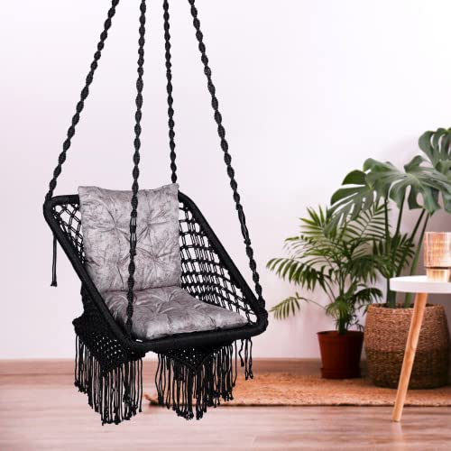 Patiofy Swing/Swing For Balcony/Swing For Adults/Jhula For Adults/Swing Chair For Living Room Square Swing Silver L Cushion & Free Hanging Kit Included-Black - Polyester,0.36 X 41 X 160 Cm - Image 1