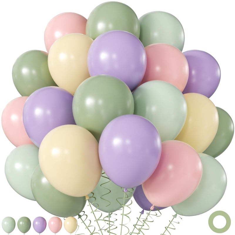 JOYFLOAT Purple Green Pink Yellow Balloons, 60Pcs 12 Inch Pastel Balloons Include Sage green Pastel Purple Pink Yellow Light Green balloons for Wildflower Baby Shower Wedding Birthday Party Decorations - Image 1