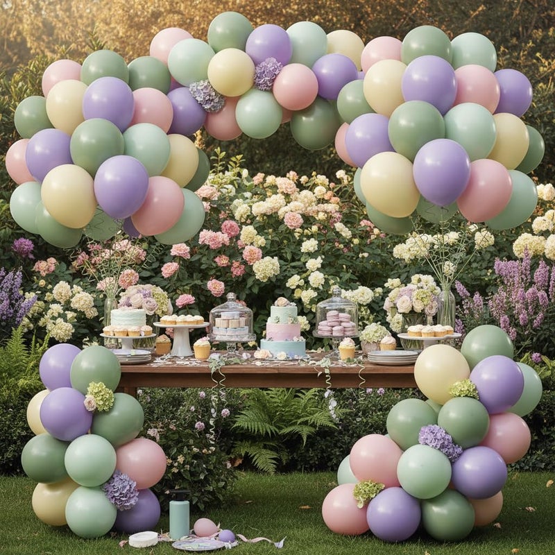 JOYFLOAT Purple Green Pink Yellow Balloons, 60Pcs 12 Inch Pastel Balloons Include Sage green Pastel Purple Pink Yellow Light Green balloons for Wildflower Baby Shower Wedding Birthday Party Decorations - Image 5