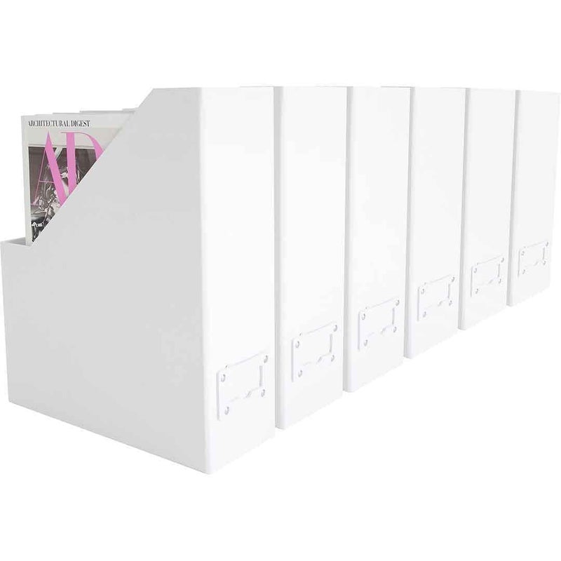 BLU MONACO Set of 6 Foldable White Magazine File Holder with White Leather Label Holders Stylish Cardboard Desk Organizer Vertical File Organizers Magazine Storage for Workspace and Shelves