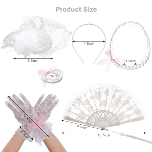 Fumwase 5Pcs Tea Party Accessories Set for Girls Tea Party Favors Kit Tea Party Gloves Hats Necklace Fan Bracelet (White), Standard - Image 2