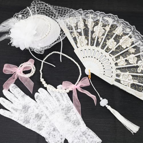 Fumwase 5Pcs Tea Party Accessories Set for Girls Tea Party Favors Kit Tea Party Gloves Hats Necklace Fan Bracelet (White), Standard - Image 4