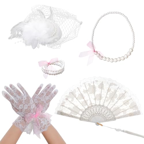 Fumwase 5Pcs Tea Party Accessories Set for Girls Tea Party Favors Kit Tea Party Gloves Hats Necklace Fan Bracelet (White), Standard - Image 1