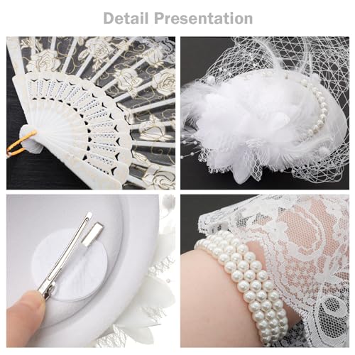 Fumwase 5Pcs Tea Party Accessories Set for Girls Tea Party Favors Kit Tea Party Gloves Hats Necklace Fan Bracelet (White), Standard - Image 3
