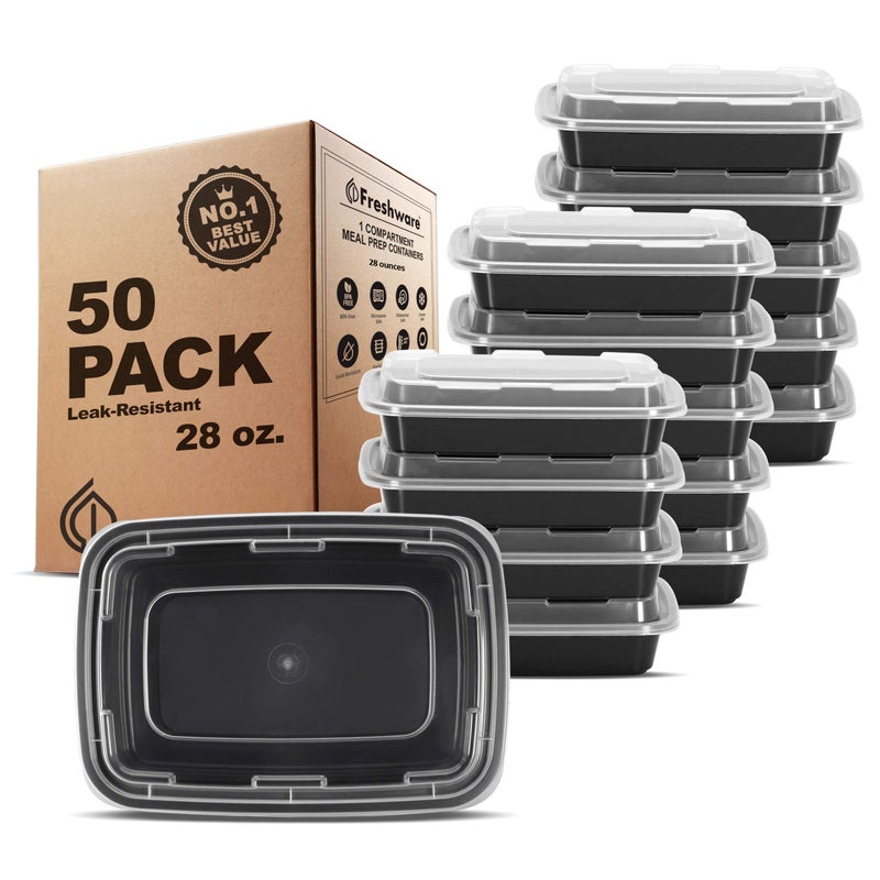 Freshware Meal Prep Containers 1 Compartment Food Storage Containers with Lids, Bento Box, BPA Free, Stackable, Microwave/Dishwasher/Freezer Safe (28 oz), 50 Count (Pack of 1) - Image 1