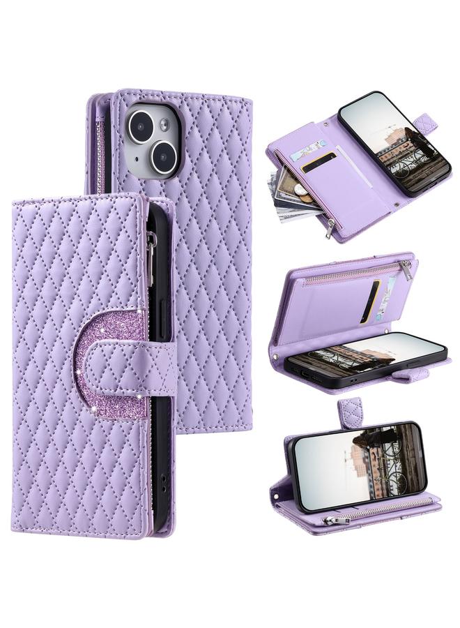 S-TOP Case For iPhone 13 Glitter Lattice Zipper Wallet Leather Phone Case - Image 1