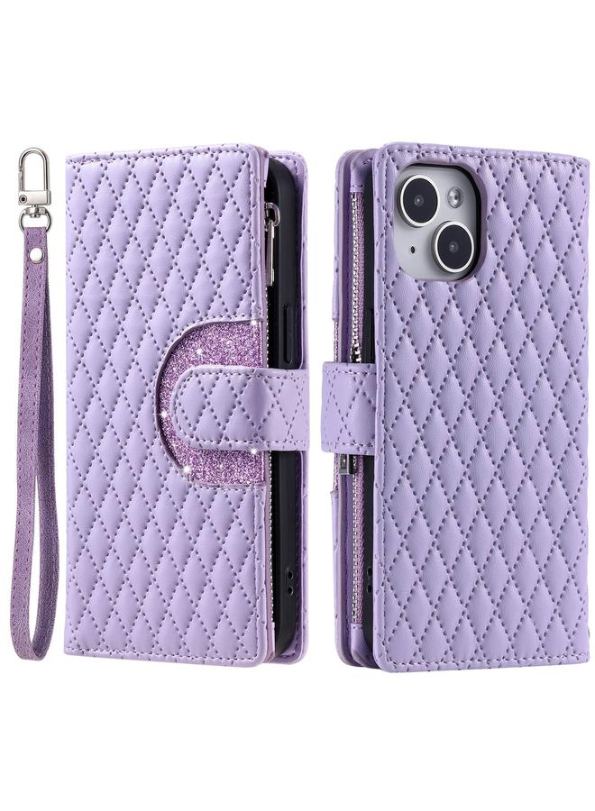 S-TOP Case For iPhone 13 Glitter Lattice Zipper Wallet Leather Phone Case - Image 3