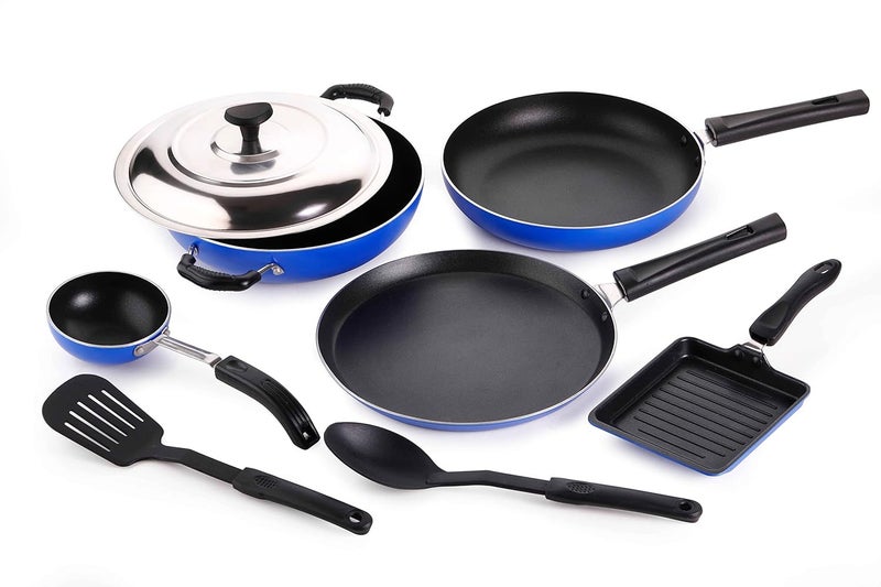 Crystal Eco Plus 8-pc Non-Stick Cookware Set, PFOA Free, Tawa, Kadhai with SS Lid, Fry Pan, Vagariya, Mini Grill Pan, 2 Spatulas, Blue - Image 1