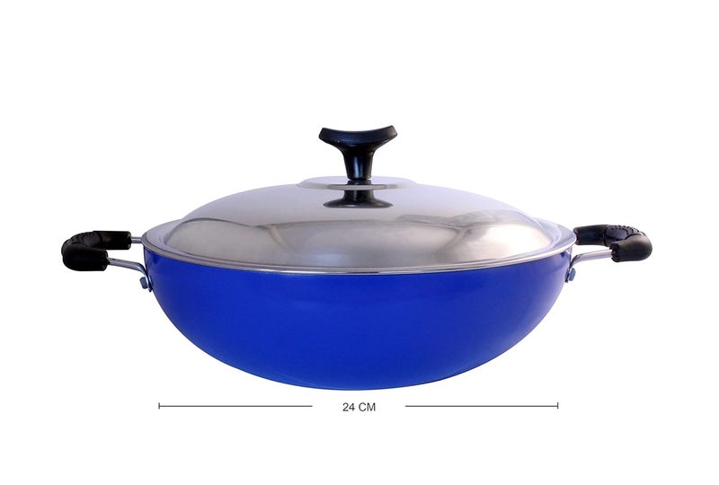 Crystal Eco Plus 8-pc Non-Stick Cookware Set, PFOA Free, Tawa, Kadhai with SS Lid, Fry Pan, Vagariya, Mini Grill Pan, 2 Spatulas, Blue - Image 4