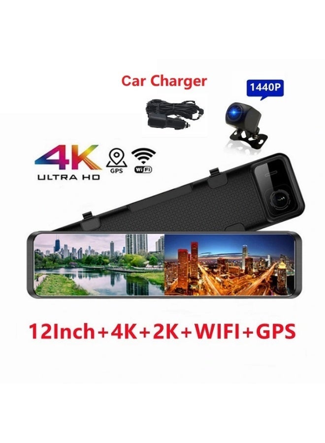 12 inch 4K+2K rearview mirror camera dash cam with GPS WIFI - Image 1