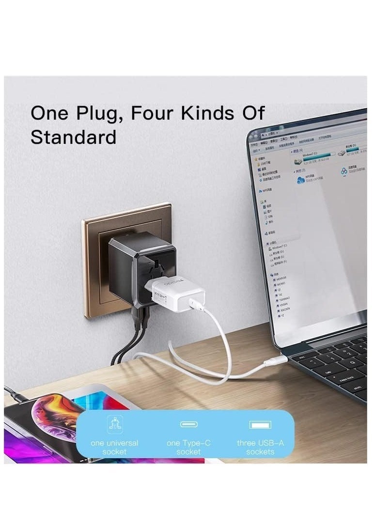 Universal Travel Adapter with 4 Ultra-Fast USB Port and 1 Type C Power Socket Worldwide Plugs UK EU US AU Auto Switch