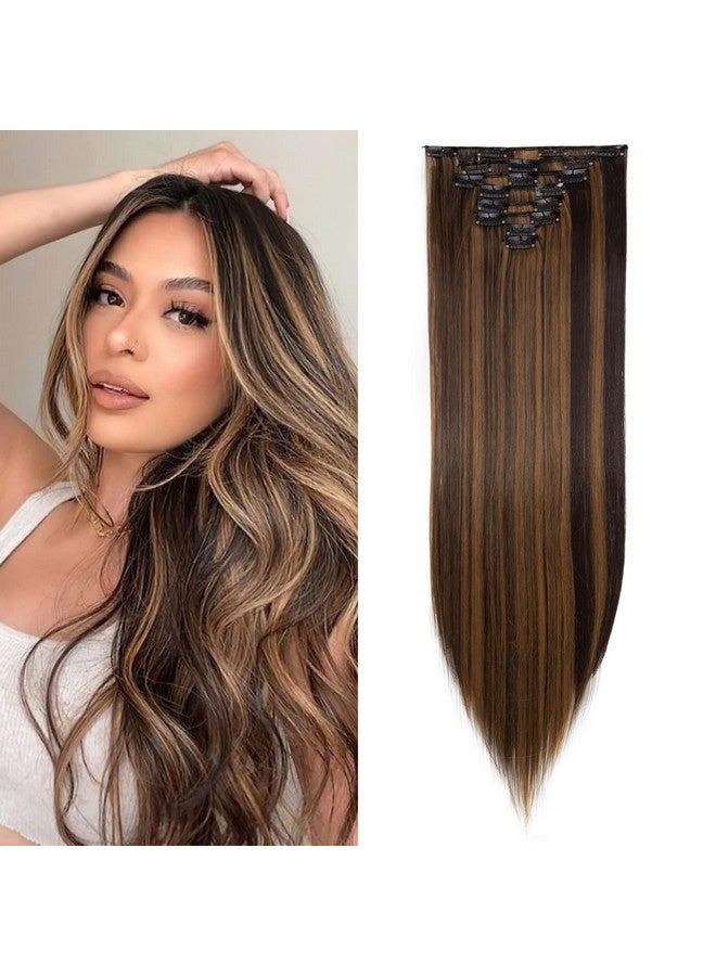 SEGO Clip In Hair Extensions For Women 26" 8Pcs Long Straight Synthetic Hair Full Head Clip In Hair Extensions Piecesdark Brown Mix Sandy Blonde - Image 2