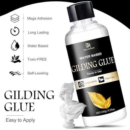 DecorRom Gold Leaf Gilding Adhesive Kit - 2 x 3.5oz Water-Based Adhesive & Varnish with Brush, 100 Gold Leaf Sheets for Art, Craft, Painting, Furniture Decoration - with Painting & Gilding Materials - Image 4