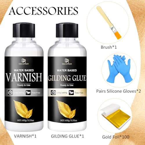 DecorRom Gold Leaf Gilding Adhesive Kit - 2 x 3.5oz Water-Based Adhesive & Varnish with Brush, 100 Gold Leaf Sheets for Art, Craft, Painting, Furniture Decoration - with Painting & Gilding Materials - Image 2