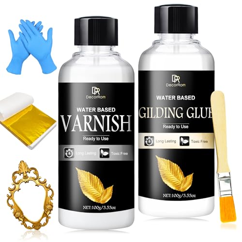 DecorRom Gold Leaf Gilding Adhesive Kit - 2 x 3.5oz Water-Based Adhesive & Varnish with Brush, 100 Gold Leaf Sheets for Art, Craft, Painting, Furniture Decoration - with Painting & Gilding Materials - Image 1