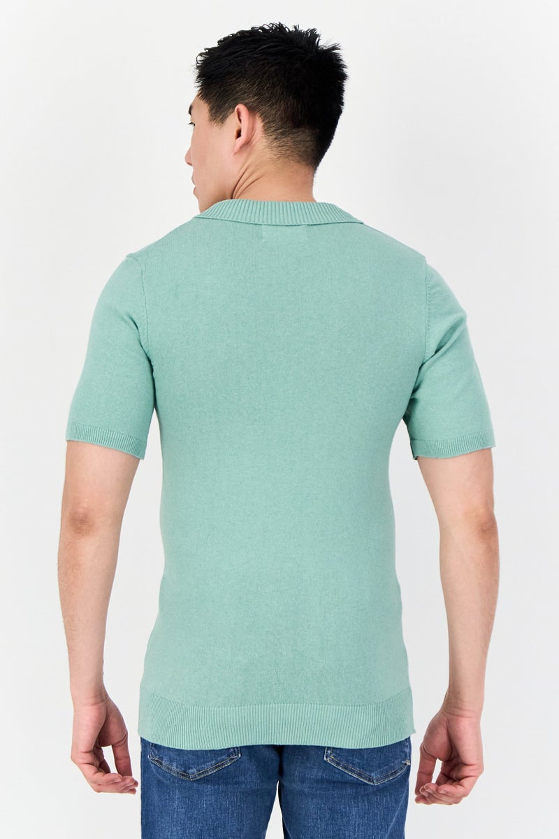 Threadbare Men Regular Fit Knitted Short Sleeve Polo Shirt, Light Green - Image 3