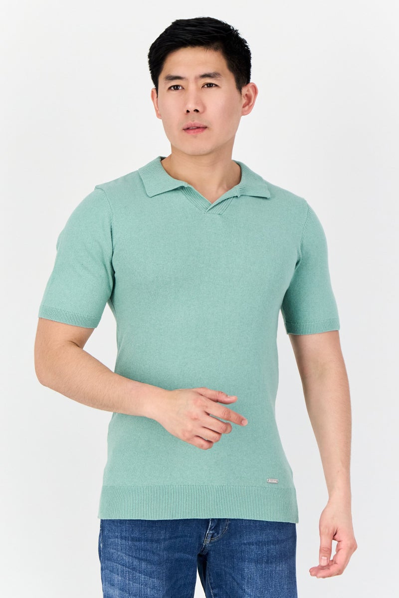 Threadbare Men Regular Fit Knitted Short Sleeve Polo Shirt, Light Green - Image 1