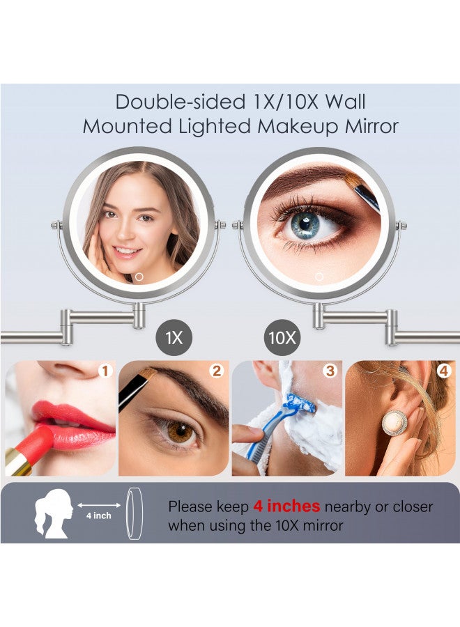 VESAUR VESAUR 9" Rechargeable Wall Mounted Makeup Mirror, 1X/10X Double Sided Magnifying Vanity Mirror with 3 Colors, Adjustable Brightness, 17 Extendable 360° Rotation Bathroom Mirror,Senior Pearl Nickel - Image 3