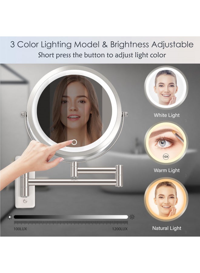 VESAUR VESAUR 9" Rechargeable Wall Mounted Makeup Mirror, 1X/10X Double Sided Magnifying Vanity Mirror with 3 Colors, Adjustable Brightness, 17 Extendable 360° Rotation Bathroom Mirror,Senior Pearl Nickel - Image 4