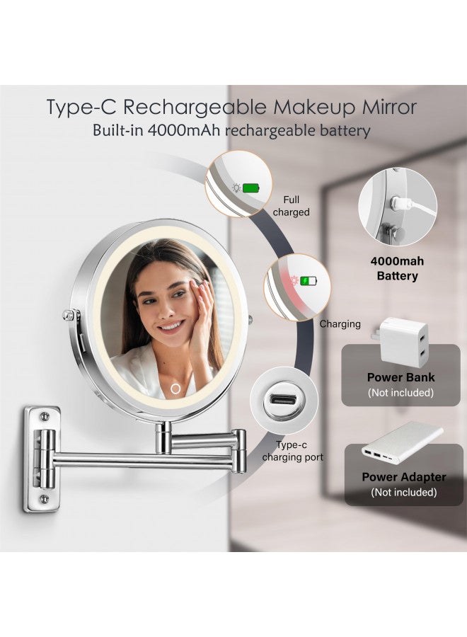 VESAUR VESAUR 9" Rechargeable Wall Mounted Makeup Mirror, 1X/10X Double Sided Magnifying Vanity Mirror with 3 Colors, Adjustable Brightness, 17 Extendable 360° Rotation Bathroom Mirror,Senior Pearl Nickel - Image 2