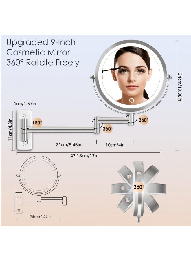 VESAUR VESAUR 9" Rechargeable Wall Mounted Makeup Mirror, 1X/10X Double Sided Magnifying Vanity Mirror with 3 Colors, Adjustable Brightness, 17 Extendable 360° Rotation Bathroom Mirror,Senior Pearl Nickel - Image 5