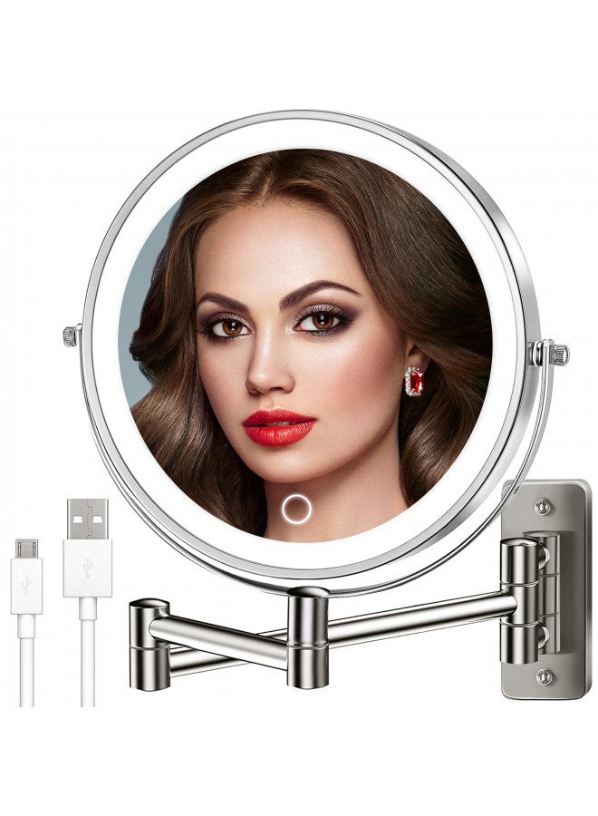 VESAUR VESAUR 9" Rechargeable Wall Mounted Makeup Mirror, 1X/10X Double Sided Magnifying Vanity Mirror with 3 Colors, Adjustable Brightness, 17 Extendable 360° Rotation Bathroom Mirror,Senior Pearl Nickel - Image 1