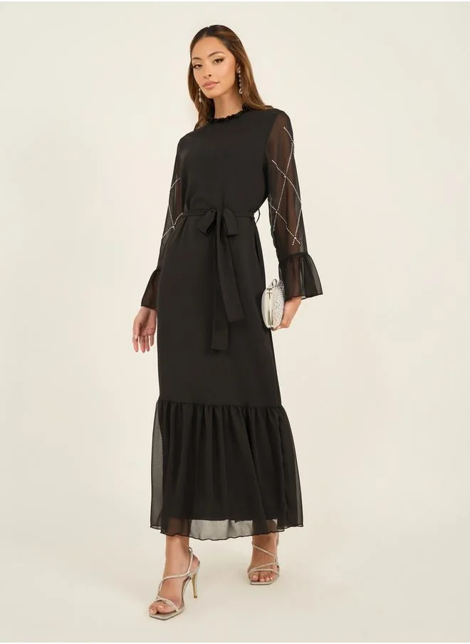 ستايلي Embellished Ruffle Hem Maxi Dress with Waist Tie Belt